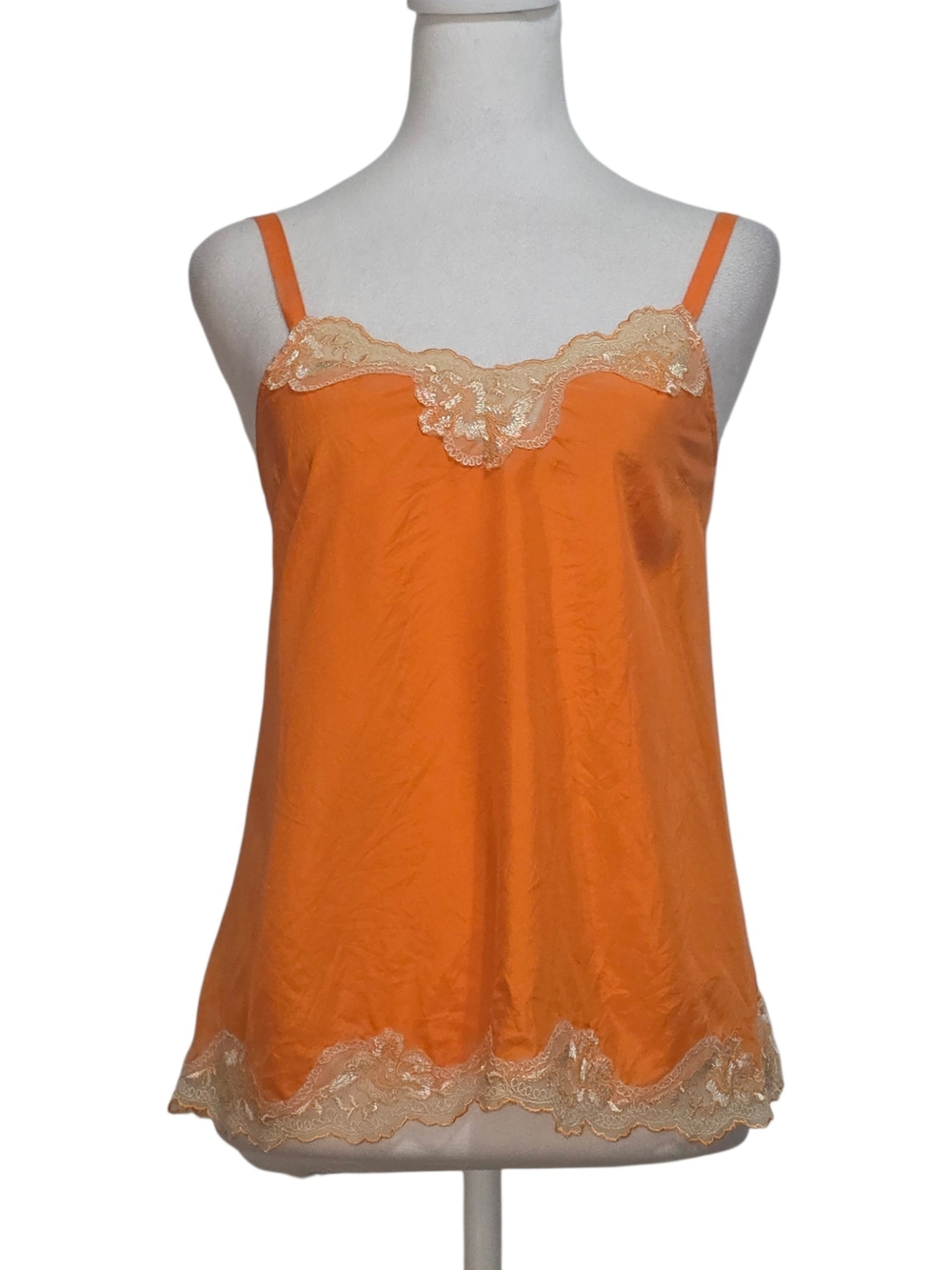 Vintage Y2K Express 100% Silk Orange Lace Trim Cami Tank Top XS Lingerie